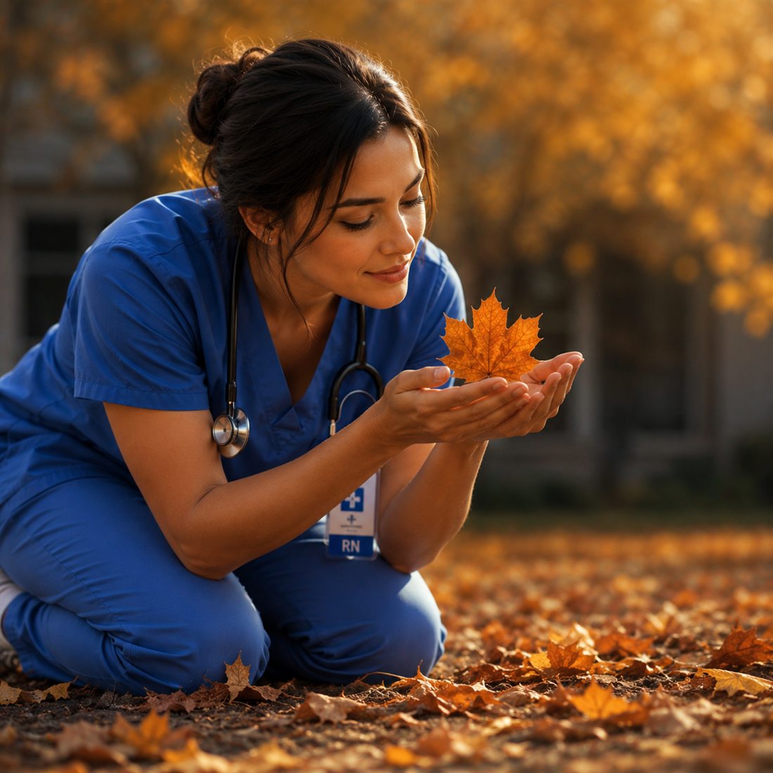 A nurse in scrubs kneeling among autumn leaves, gently cradling a single falling maple leaf — symbolising fall prevention for the aging population